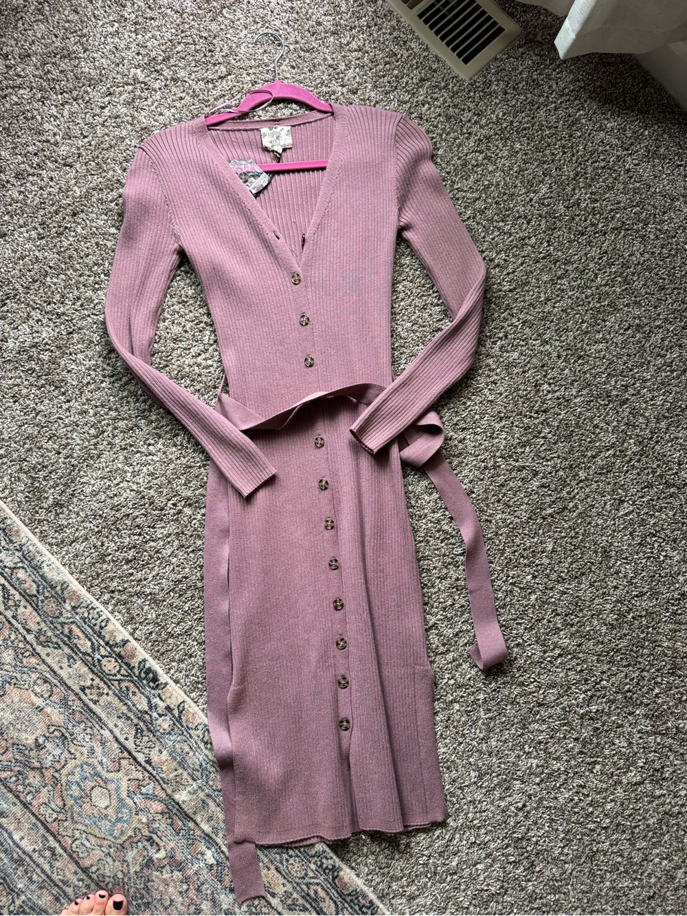 Hippie Rose Dusty Mauve Ribbed Button-Front Long Sleeve Midi Dress